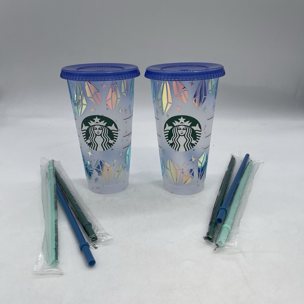 Lot of 2 - Starbucks Reusable Cold Cups Iridescent Rainbow Siren Scales Matching